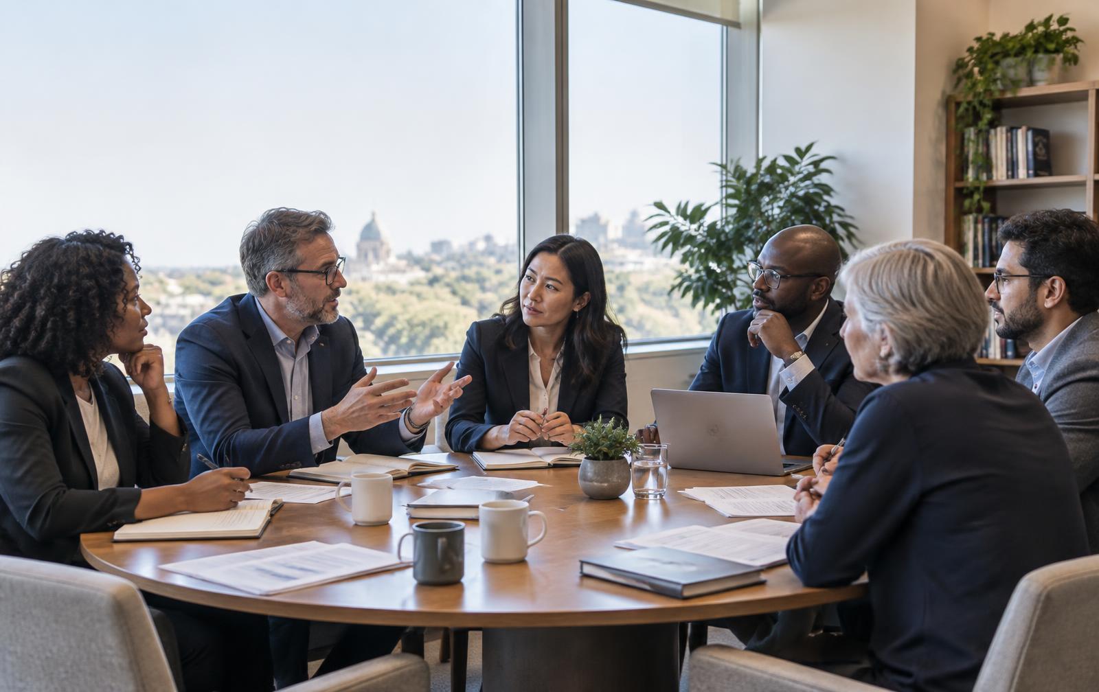 Policy leaders exchanging ideas around a meeting table